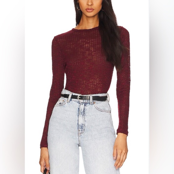 Free People Tops - Free People - Aura Wine See Thru Crewneck Long Sleeve Layering Top Size Medium